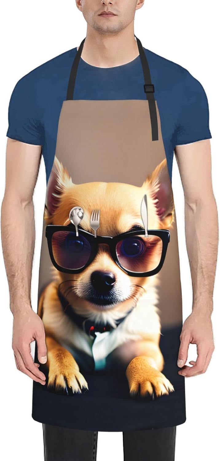 Chihuahua Dog Glasses 1 print Waterproof chef's apron with pocket apron for kitchen cooking baking barbecue and gardening