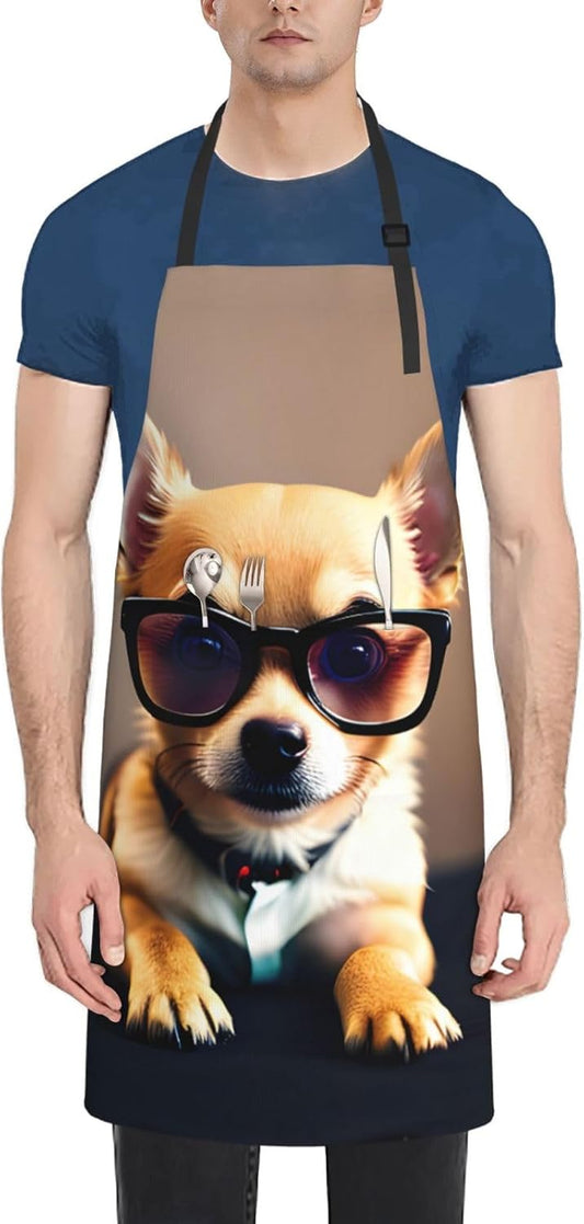 Chihuahua Dog Glasses 1 print Waterproof chef's apron with pocket apron for kitchen cooking baking barbecue and gardening