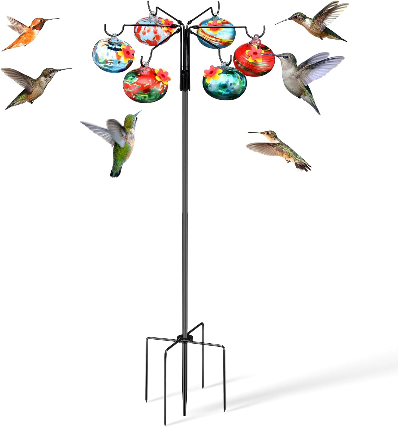 Chunful Hummingbird Feeders for Outdoors Hanging (6 Feeding Stations) Hand Blow Glass Hummingbird Feeder with Shepherd Hook and Adjustable Hight Bird Feeder for Outside, Home Garden Yard, Never Leak