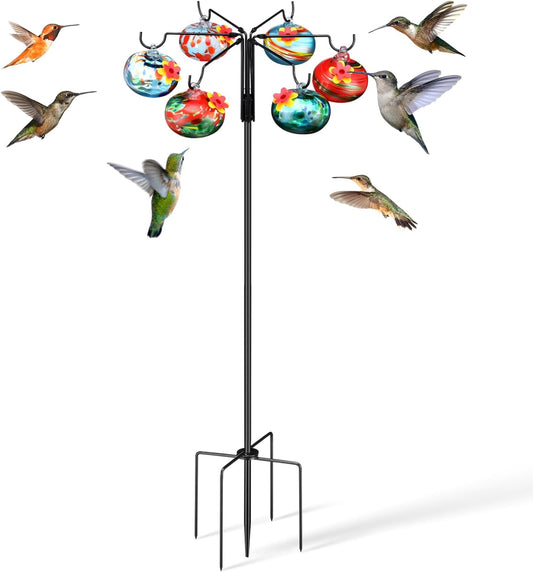 Chunful Hummingbird Feeders for Outdoors Hanging (6 Feeding Stations) Hand Blow Glass Hummingbird Feeder with Shepherd Hook and Adjustable Hight Bird Feeder for Outside, Home Garden Yard, Never Leak