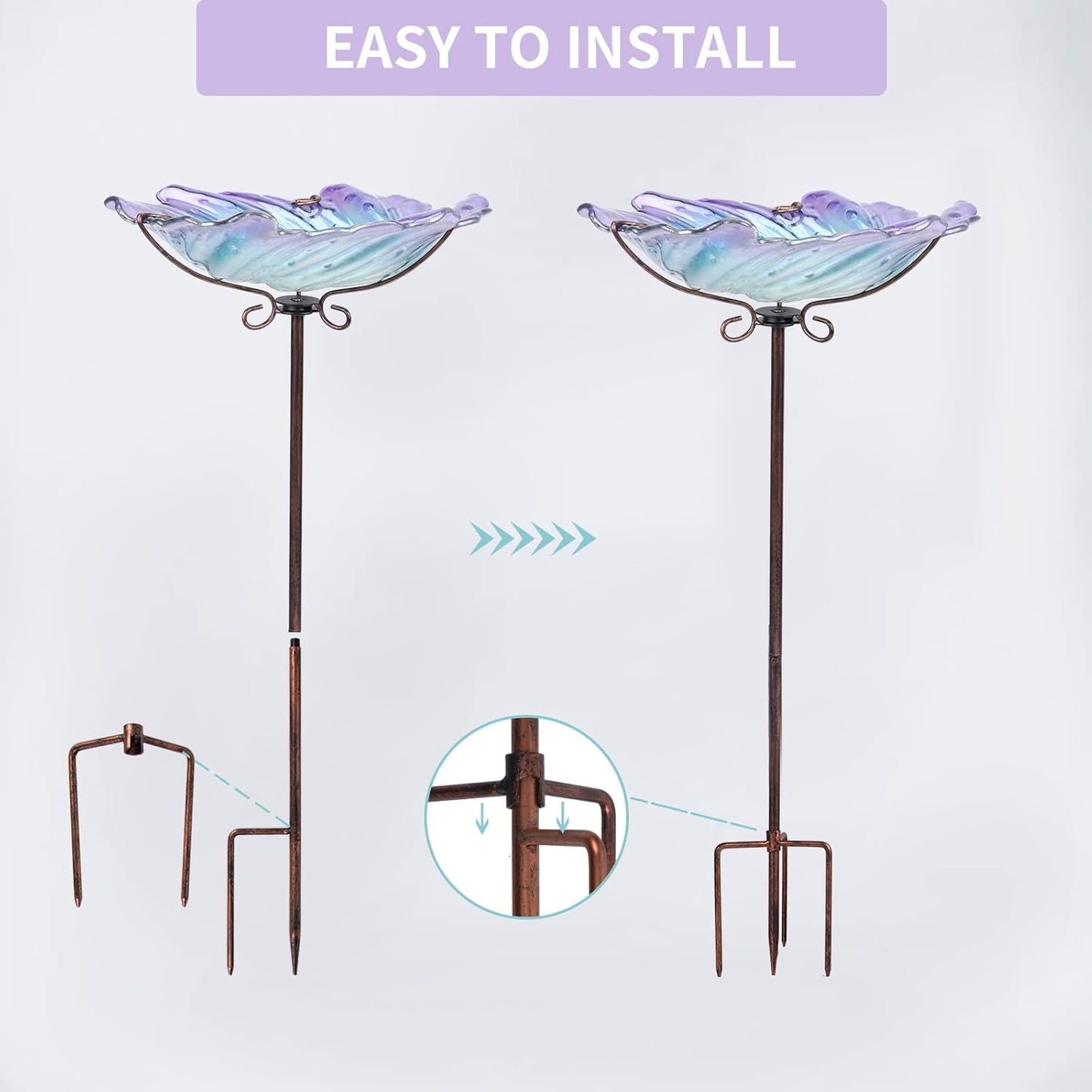 MUMTOP Glass Bird Baths for Outdoors, Garden Bird Bath Bowl with Metal Stake Birdbaths for Outside Yard Outdoor, Purple