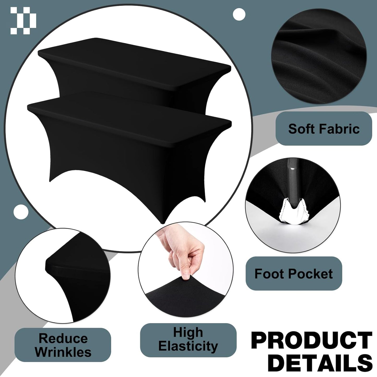 Trlyc 2 Pack 6FT Spandex Table Cloth - 72 x 30 Inch Rectangular Stretch Tablecloth, Wrinkle Resistant Scretch Table Cover for Wedding, Party, Banquet, Picnic, Outdoor Decoration (2Pcs,Black)