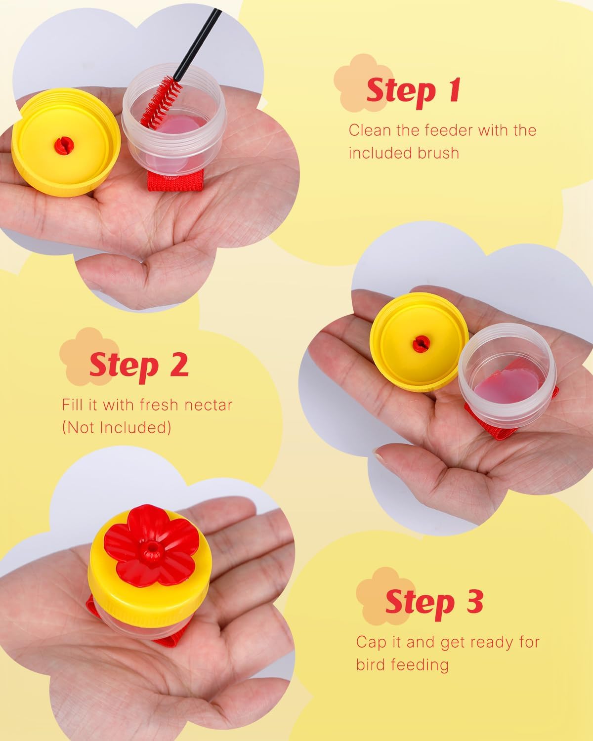 Pawfly 4 Pcs Hand Held Hummingbird Feeders with Cleaning Brushes, Mini Flower Handheld Hummingbird Feeders for Outdoors, Plastic Hummingbird Ring Feeders, Hummingbird Hand Feeders, Wild Bird Feeders