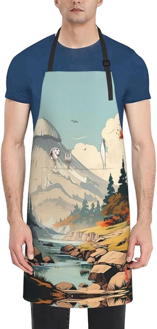 Japanese Painting mushroom print Waterproof apron with pocket adjustable cooking apron for adult kitchen bibs to bake