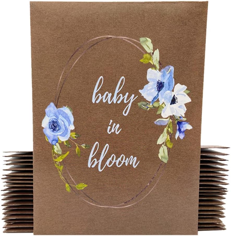 Digital Voyager Baby Shower Party Favors for Guests - Baby in Bloom Seed Packets - Blue Floral Accents and Greenery - Dark Brown - Already Filled - Pack of 20