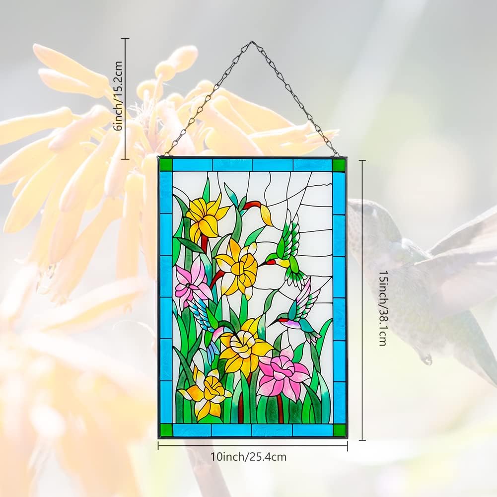 Viveta Hummingbird Stained Glass Window Hanging, Birds and Flowers Suncatcher for Window, Hummingbird Stained Glass Panel Hanging Ornament(Rectangular 10 * 15")