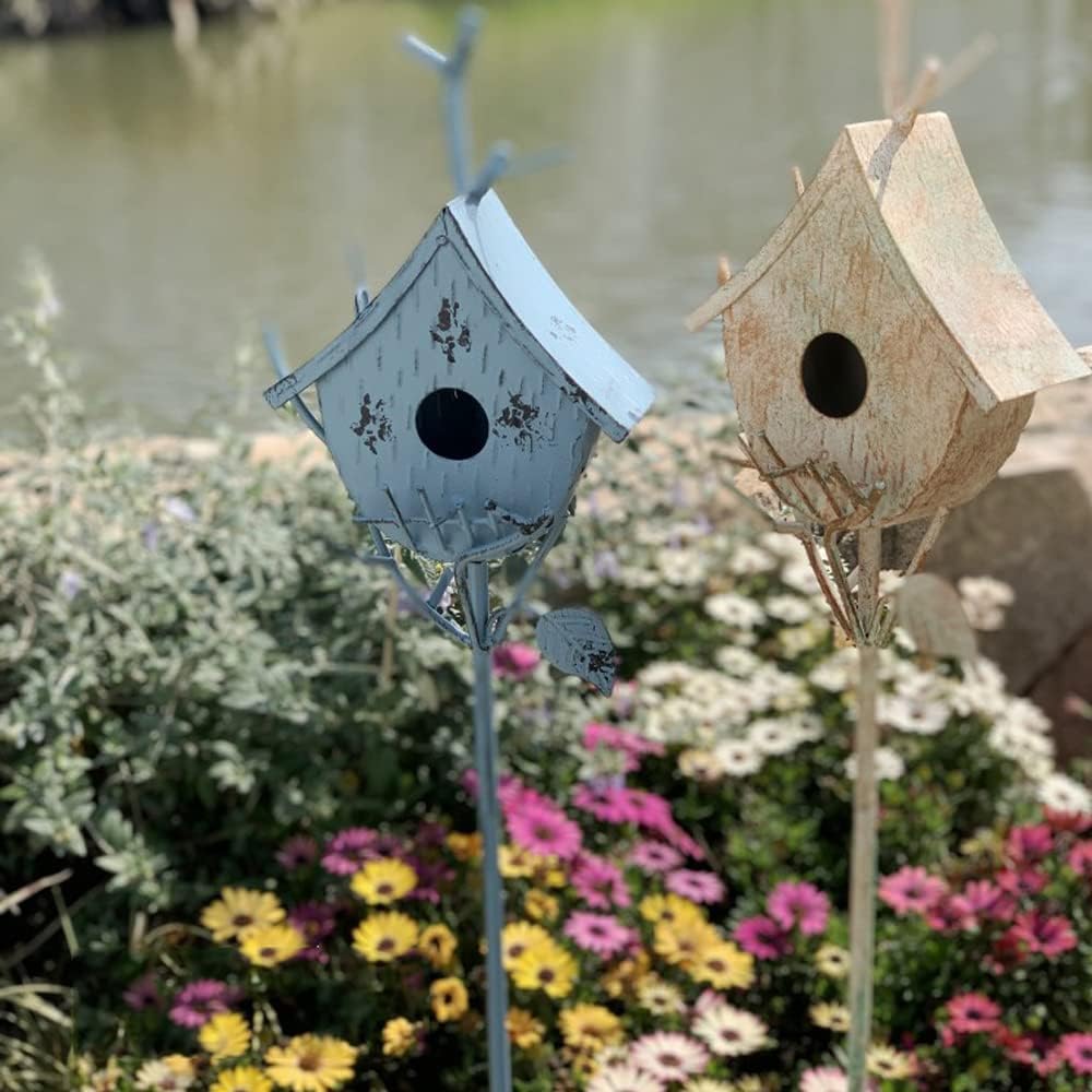 Bird Houses for Outside with Pole, Metal Birdhouse Stake for Outdoors Rustic Bird House On Pole Stand Farmhouse Birdhouse Decor Decorative Garden Yard Art 39" H Blue