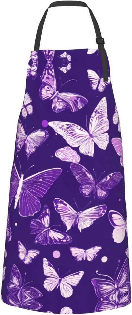 Purple Butterflies Floral print Waterproof chef's apron with pocket apron for kitchen cooking baking barbecue and gardening