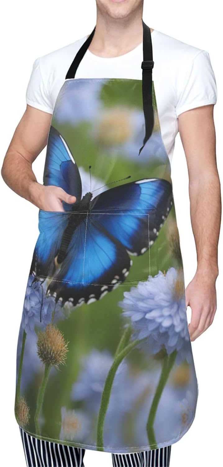 blue butterfly print Waterproof chef's apron with pocket apron for kit