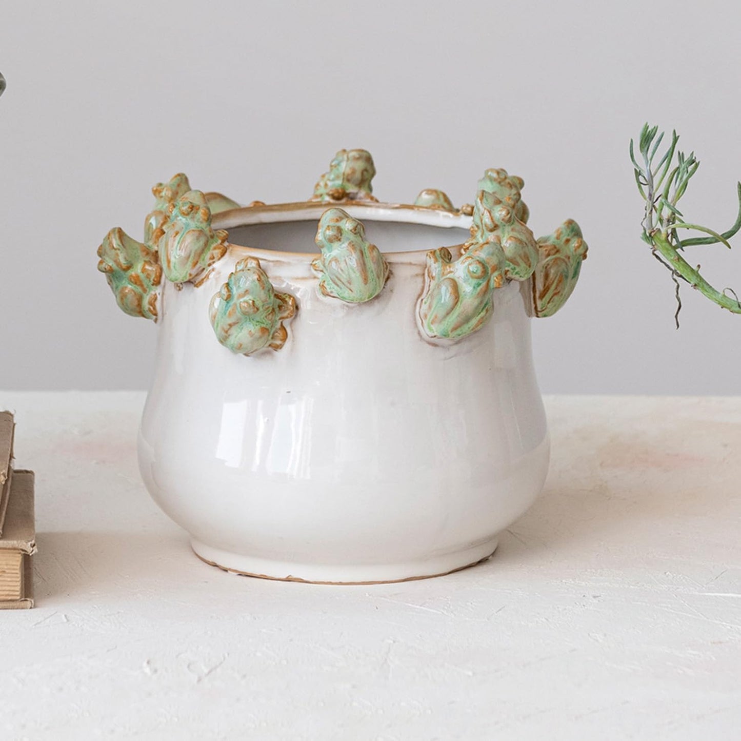 Creative Co-Op Stoneware Planter with Frogs on Rim and Reactive Glaze,
