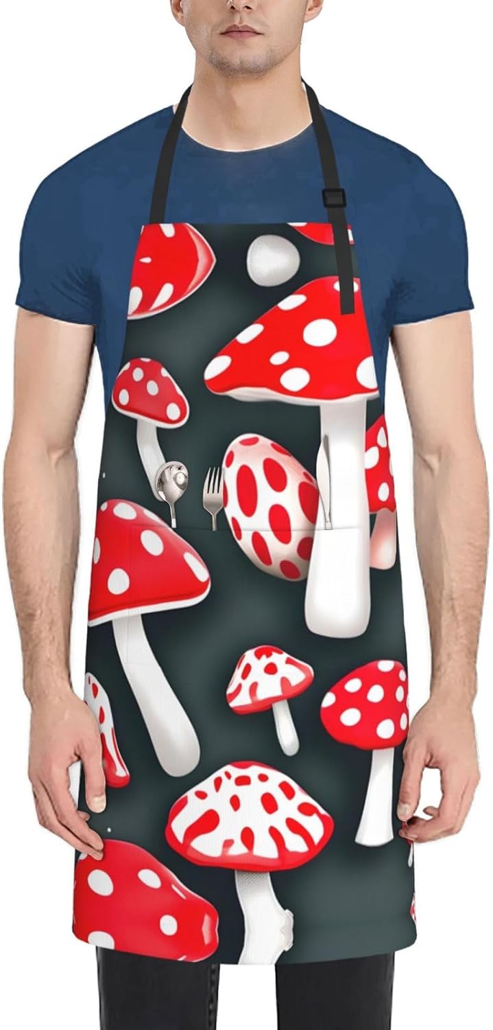 Red White Mushroom Print Laundry apron 28x33 In Waterproof Kitchen Apr