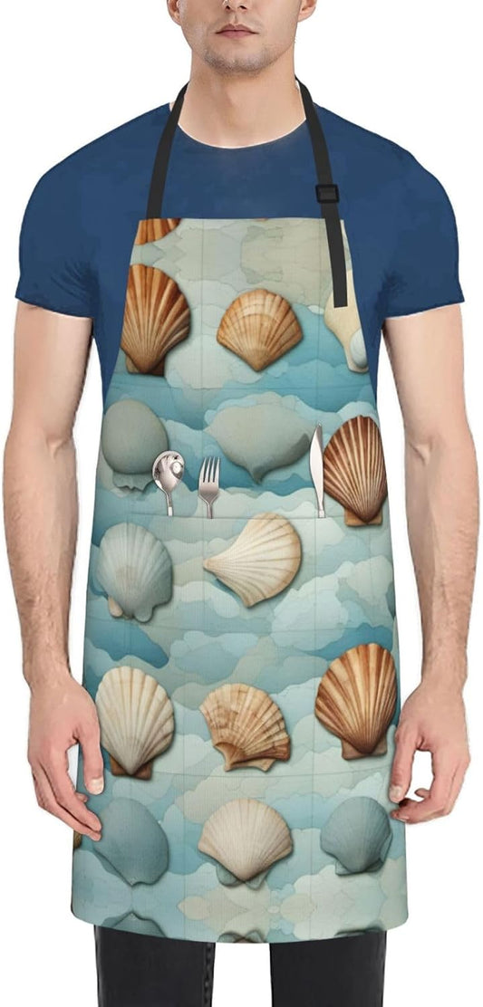 Sea Shell print Waterproof chef's apron with pocket apron for kitchen cooking baking barbecue and gardening