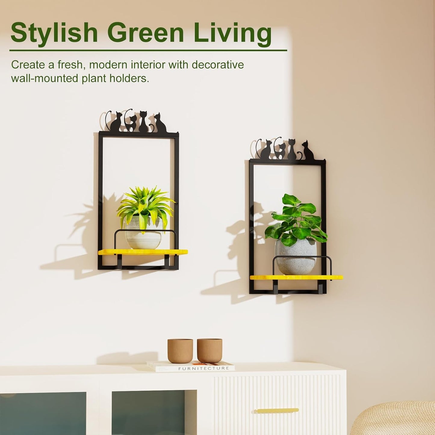 Shineled Wall Planter for Indoor Plants 2PK, Floating Wall Shelf with Oak Wood, Magnetic Animal Wall Plant Holder, Decorative Plant Wall Shelf Home Decor (CAT)