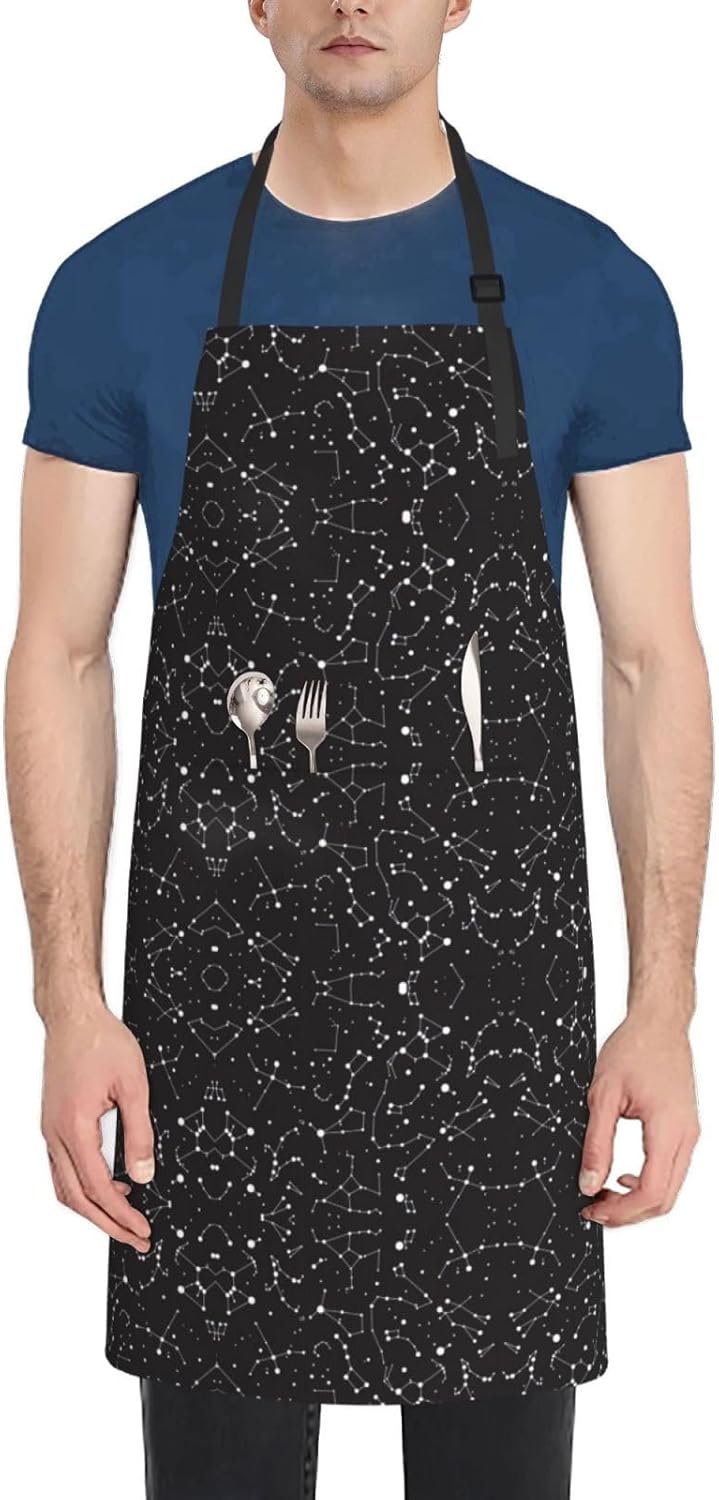 Starry divination constellation Print 28x33 In Adult Kitchen Apron with Pockets Versatile Chef Smock for Cooking Baking