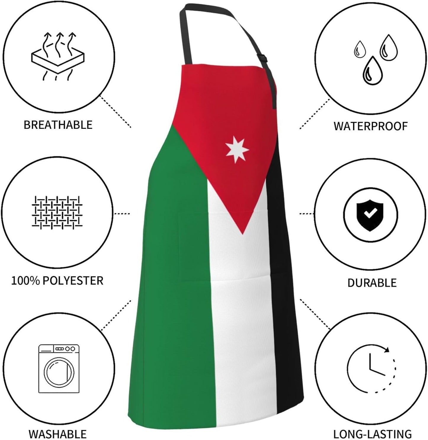 Jordanian flag print Waterproof chef's apron with pocket apron for kitchen cooking baking barbecue and gardening