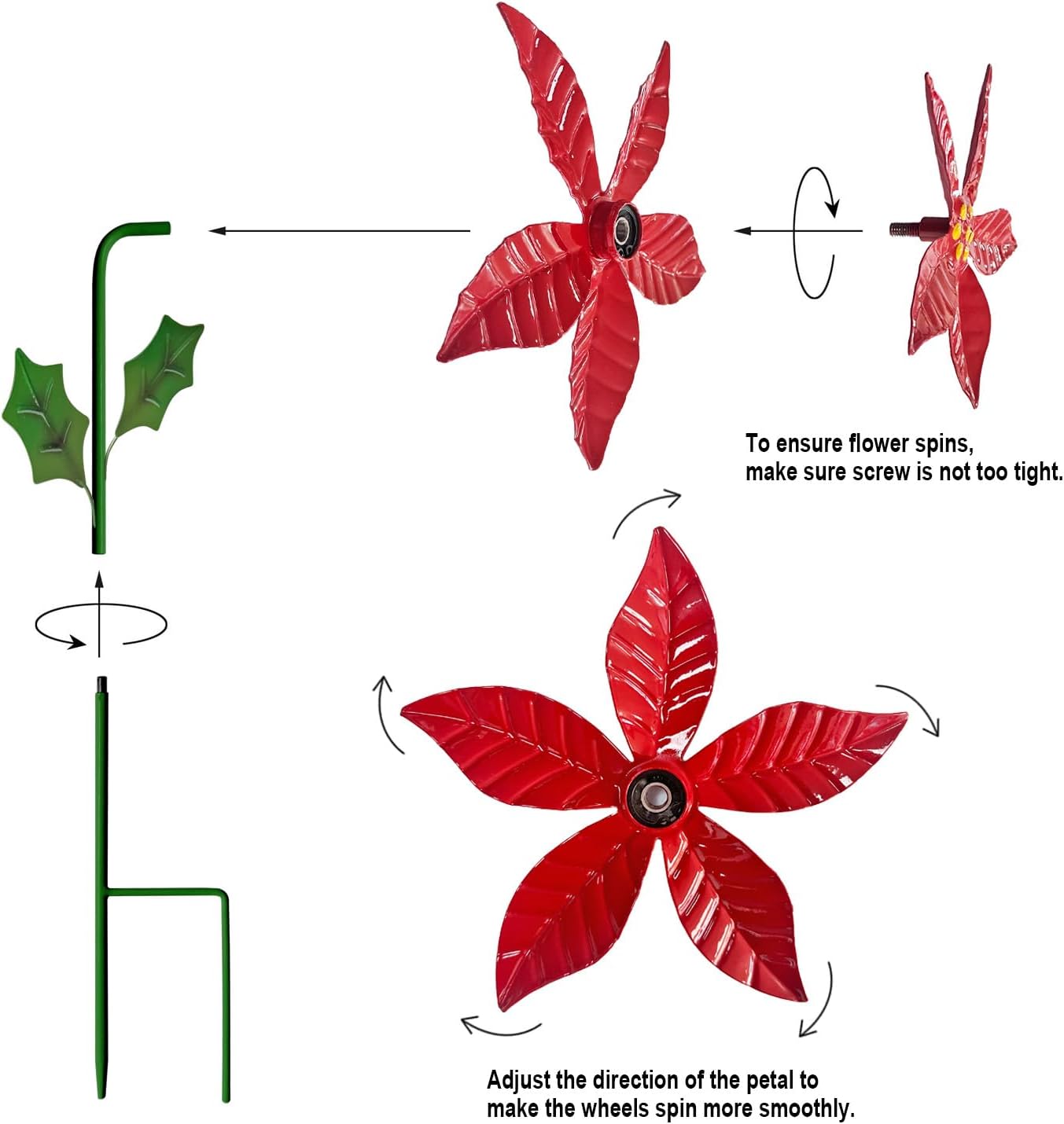 WAIU 3 Pack Outdoor Metal Poinsettia Wind Spinners Yard & Patio Christ