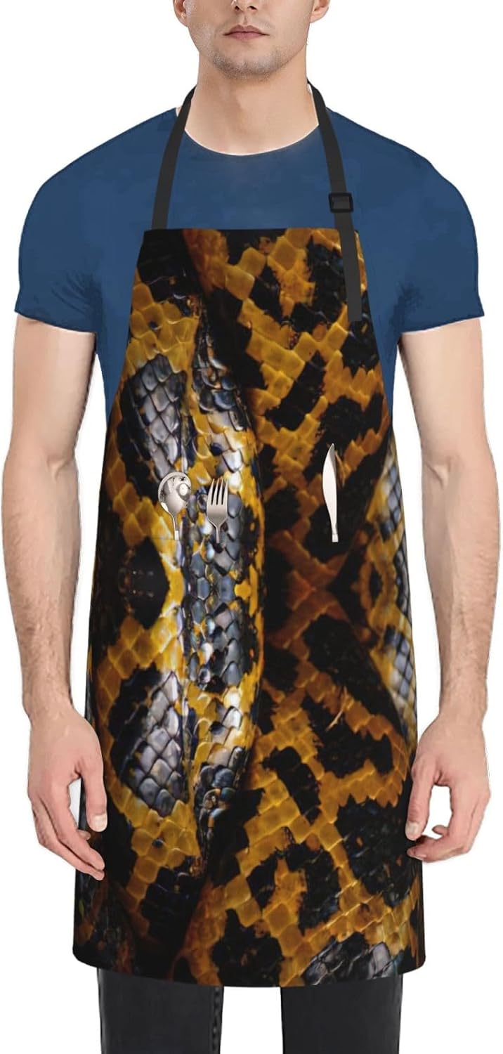 Yellow Snake print Waterproof apron with pocket adjustable cooking apr