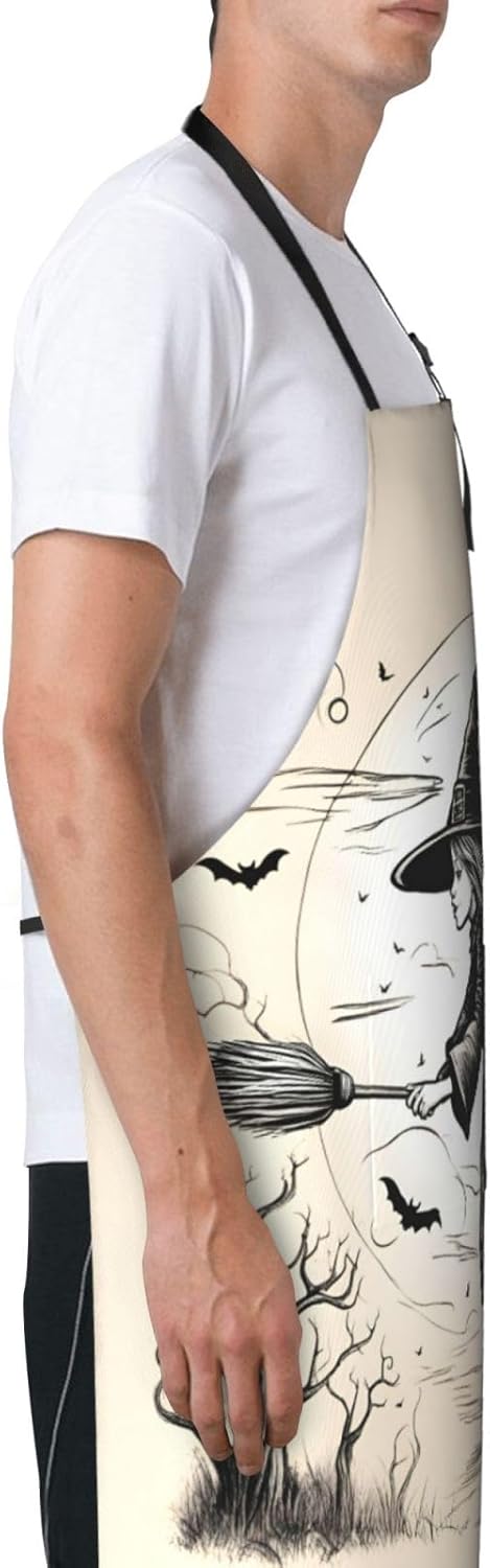 Halloween Witch Flying print Waterproof chef's apron with pocket apron for kitchen cooking baking barbecue and gardening