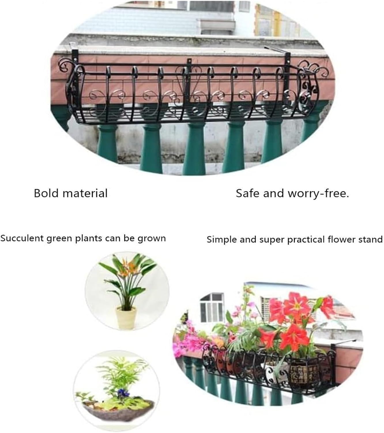 Outdoor Railing Planter Box - Fence Planters for Flowers, Window Sill Hanging Pots, Garden Railing Flower Stand, Green Plant Rack (80x28x22cm)