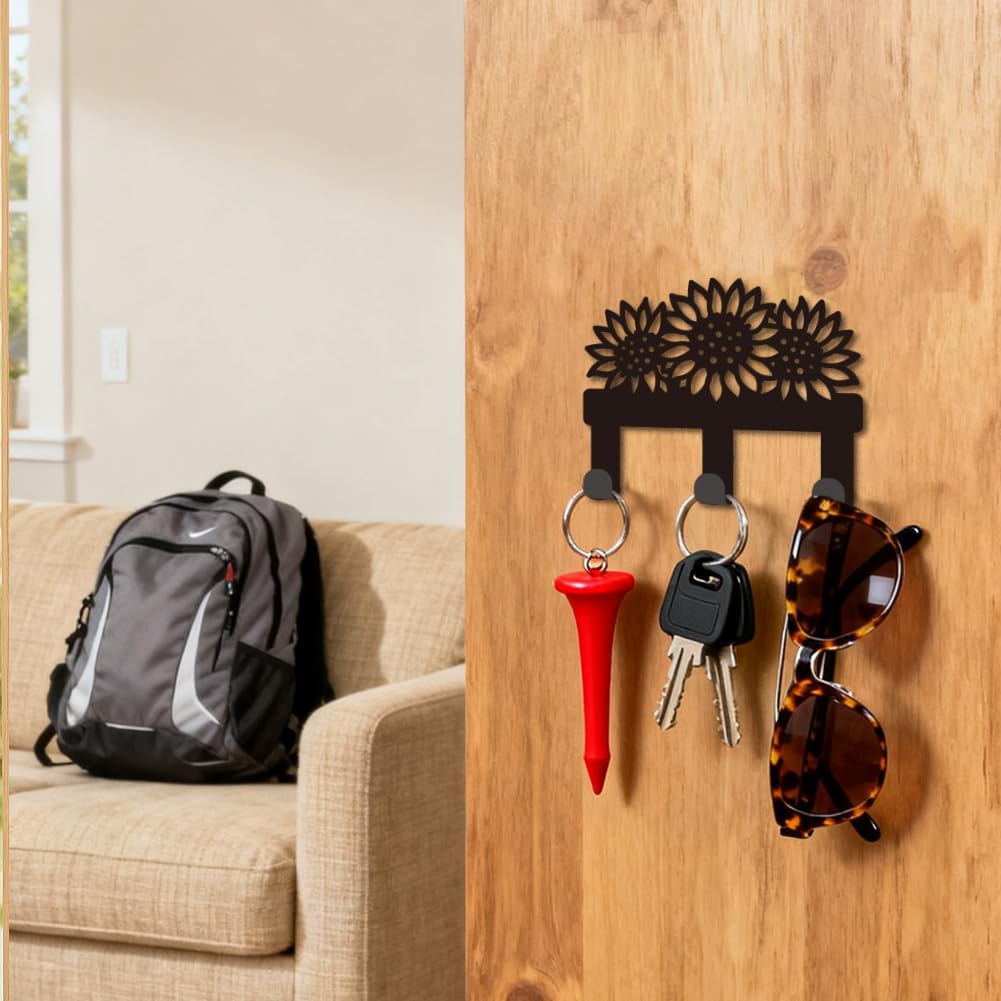 Sunflower Key Holder for Wall, Flower Mini Black Iron Key Hooks Wall M