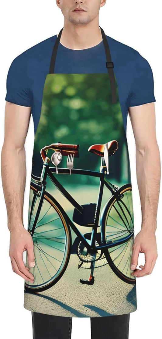 YANYU Retro bicycle Print 28x33 In Kitchen Apron Stylish Chef Apron with Pockets for Cooking Baking Painting