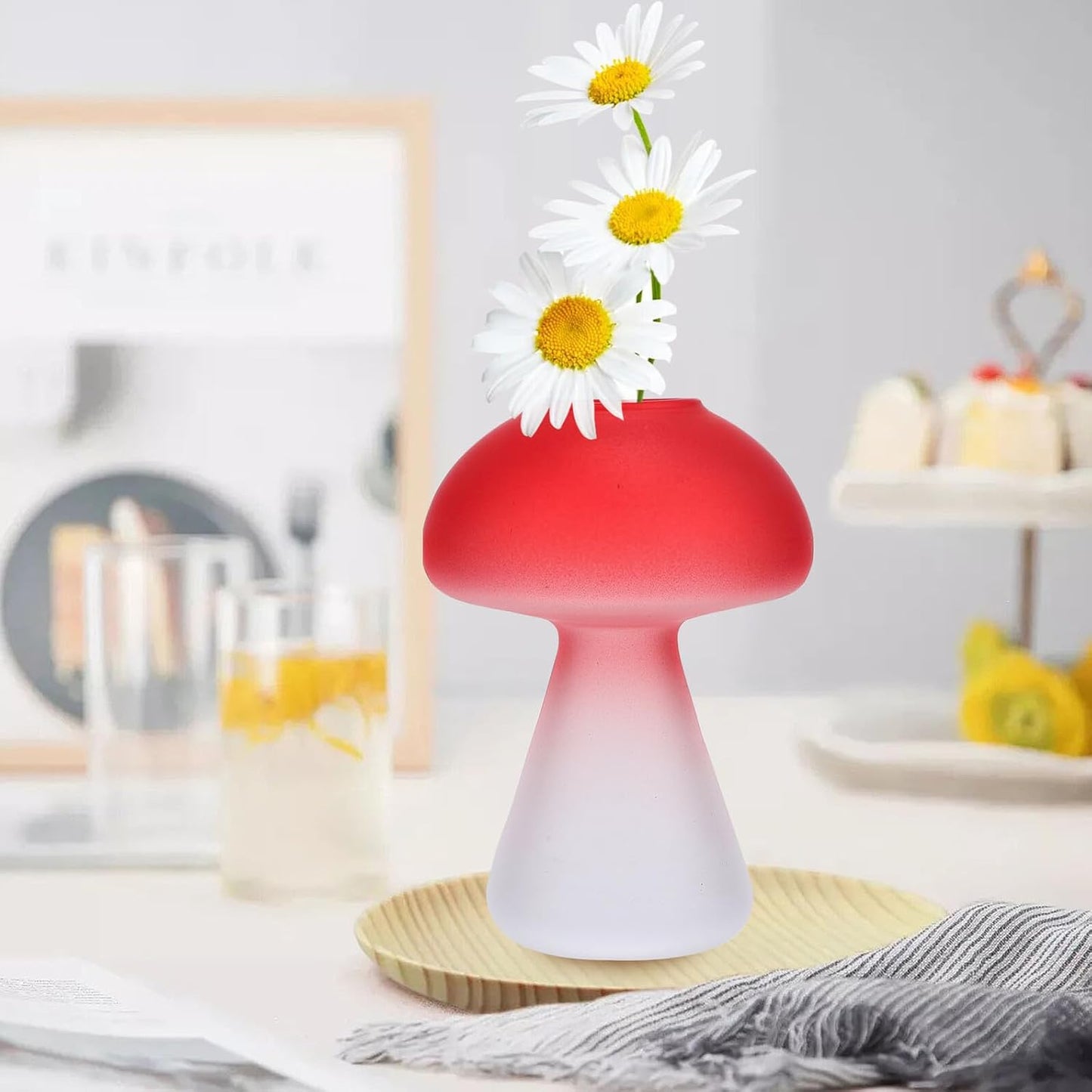 Mushroom Shaped Glass Vase Desktop Hydroponic Flower Pot Red Glass Ter