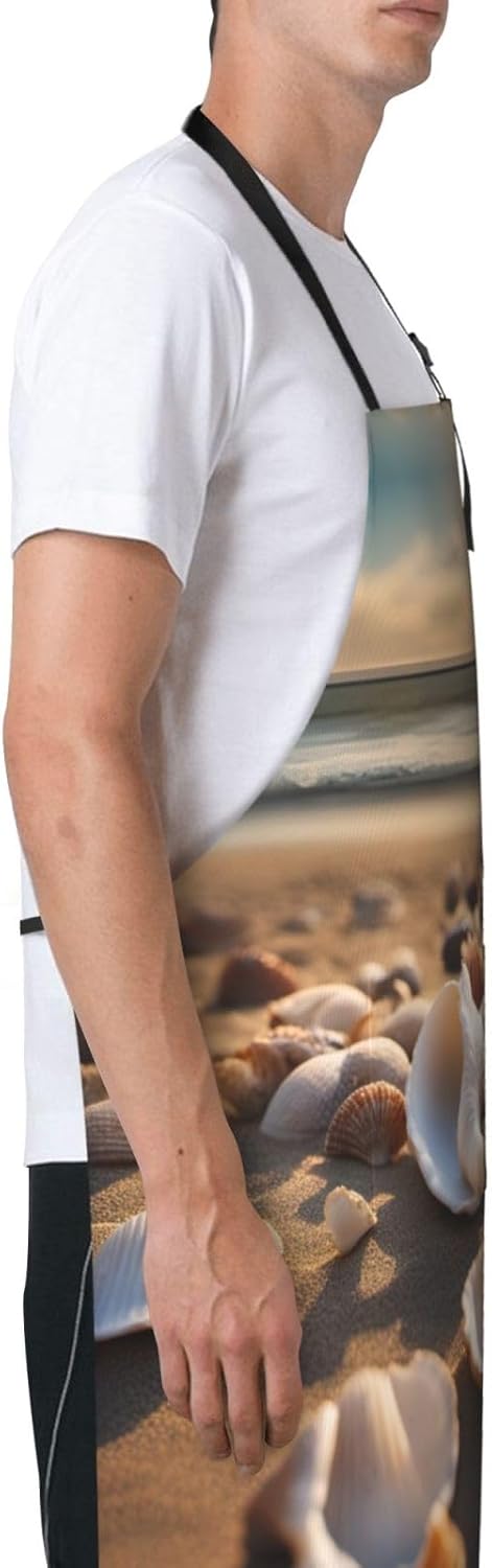 Seashell Landscape On The Beach print Waterproof chef's apron with pocket apron for kitchen cooking baking barbecue and gardening