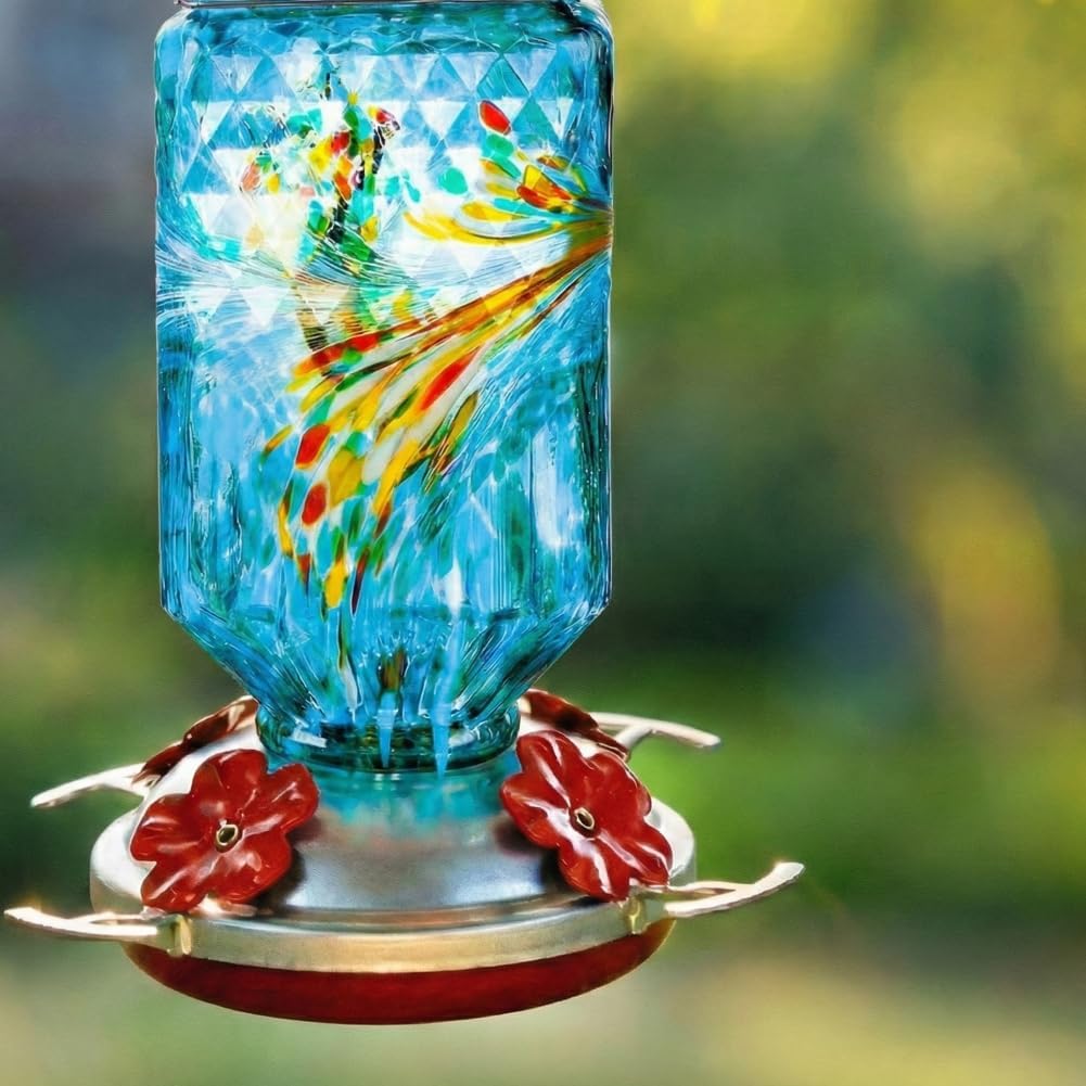 Hand Blown Glass Hummingbird Feeder for Outdoors Hanging Square Chanin