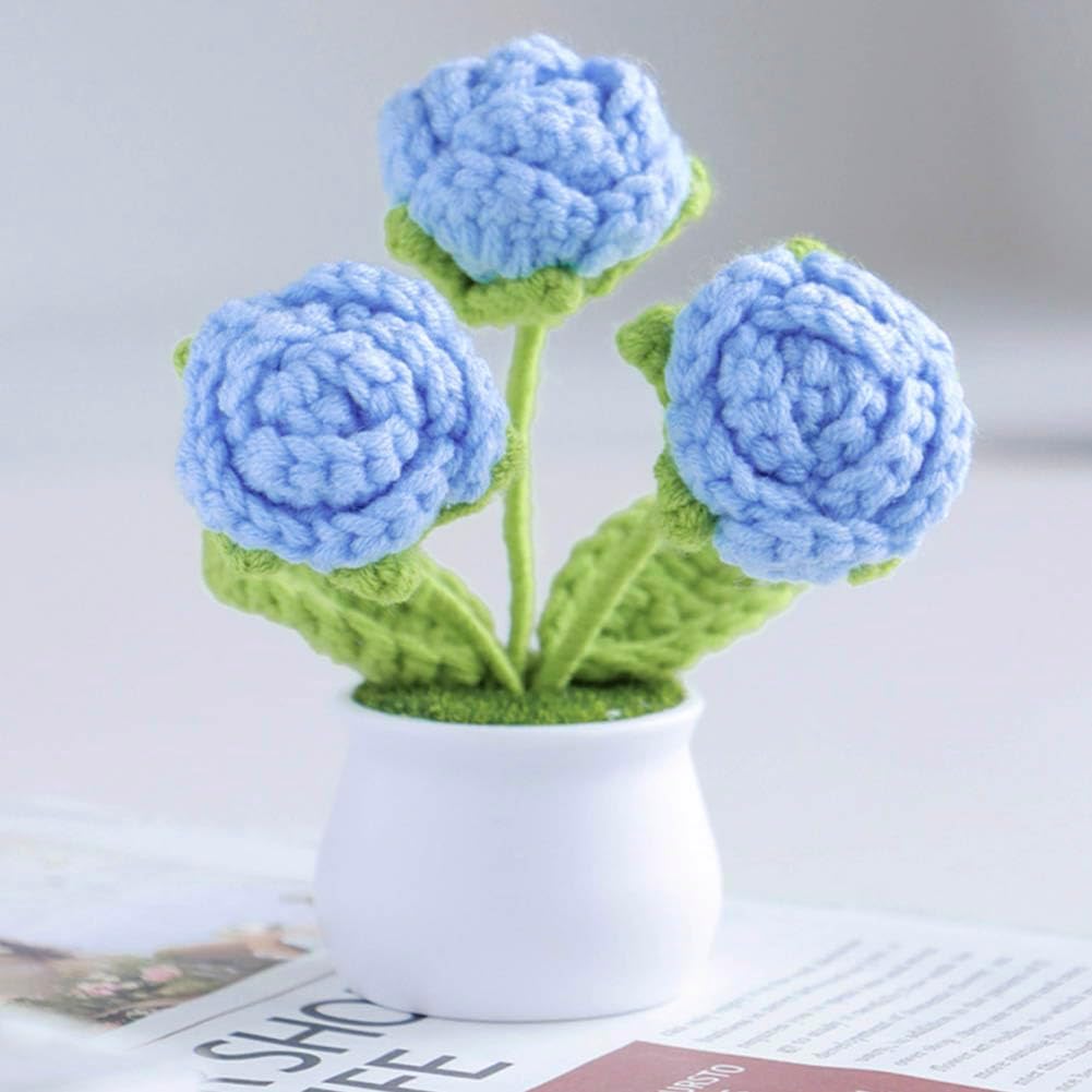 Mini Potted Artificial Crochet Rose Flower with White Pot,2Pcs Hand-Kn