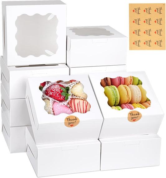 WINKIO 12 Pieces Cookie Boxes with Window, 6×6×3 Inches Treat Boxes for Bakery Dessert Pastry Mini Cake Favor Donut Baked Goods (White, with Stickers)