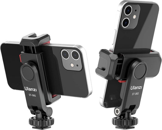 ULANZI Phone Tripod Mount ST-06S, Universal Smartphone Mount Adapter with 2 Cold Shoe, 360° Rotates Adjustable Cell Phone Clip Clamp Holder, Compatible with iPhone17/16/15, Samsung Galaxy Smartphones