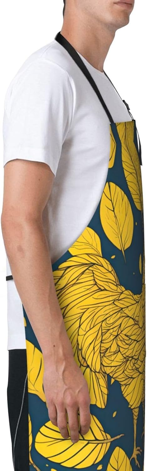 yellow leaves chicken print Waterproof chef's apron with pocket apron for kitchen cooking baking barbecue and gardening