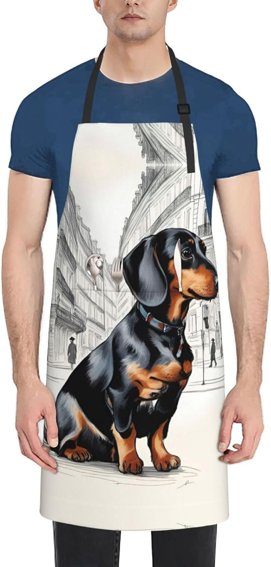 Parisian Dachshund print Waterproof chef's apron with pocket apron for kitchen cooking baking barbecue and gardening