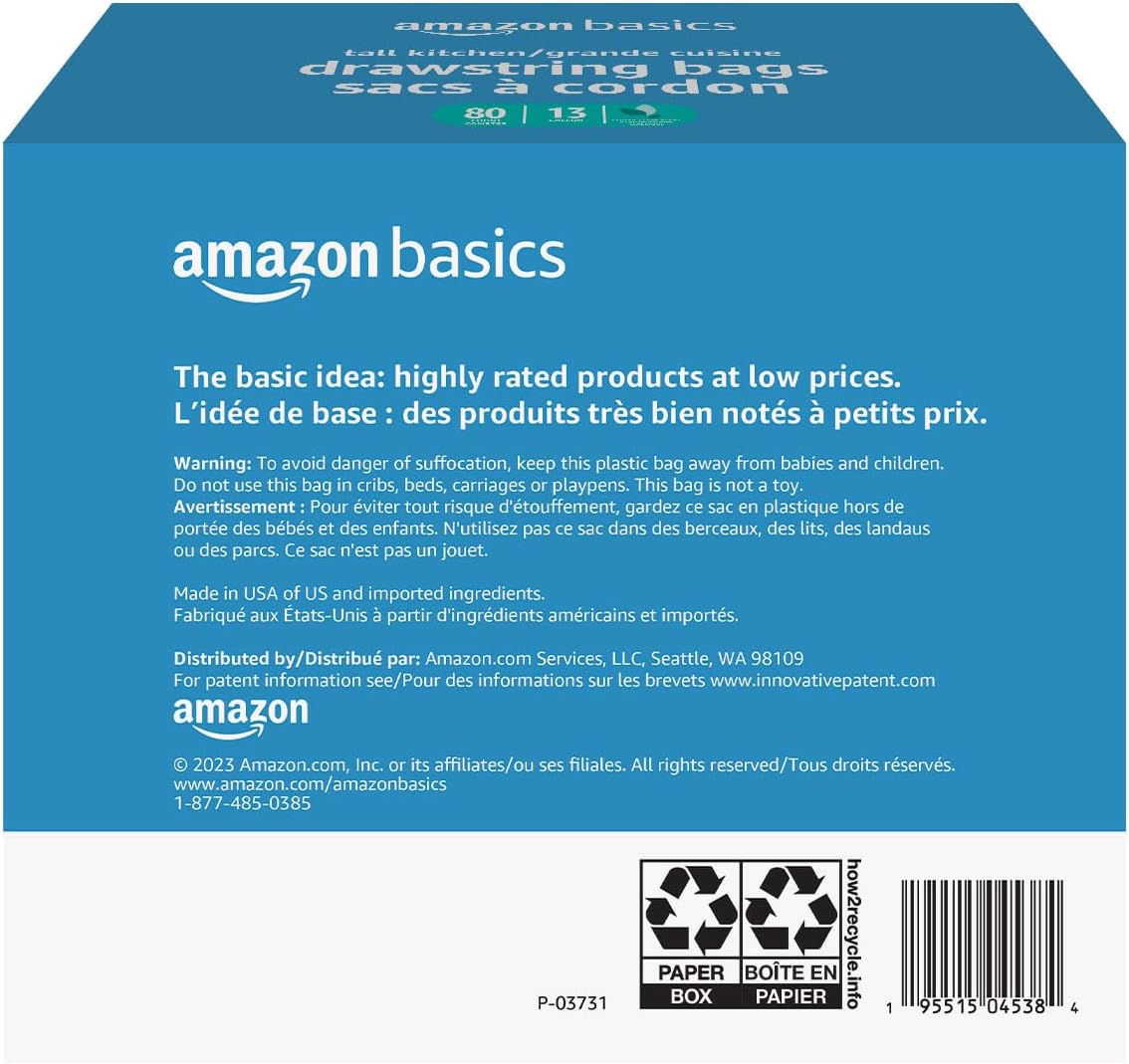 Amazon Basics Ultra-Force Tall Kitchen Drawstring Trash Bags, Classic 