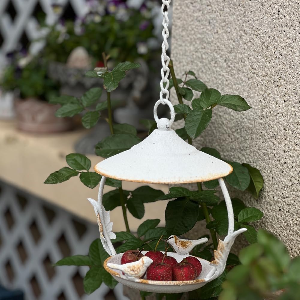 Distressed Hanging Bird Feeder Tray Outside,White Hanging Birdbath Feeder for Outdoors,Patio,Garden,Backyard (Style A)