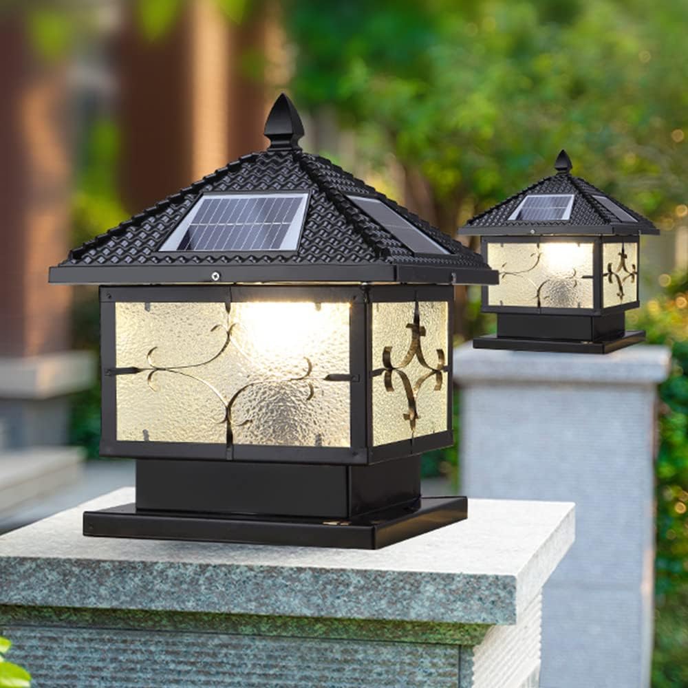 Vintage Column Lamp Outdoor IP55 Solar LED Stigma Lamp Gate Bollard Pillar Light Patio Light Garden Path Post Cap Light Fence Patio Light Porch Light,Black-Width: 30CM