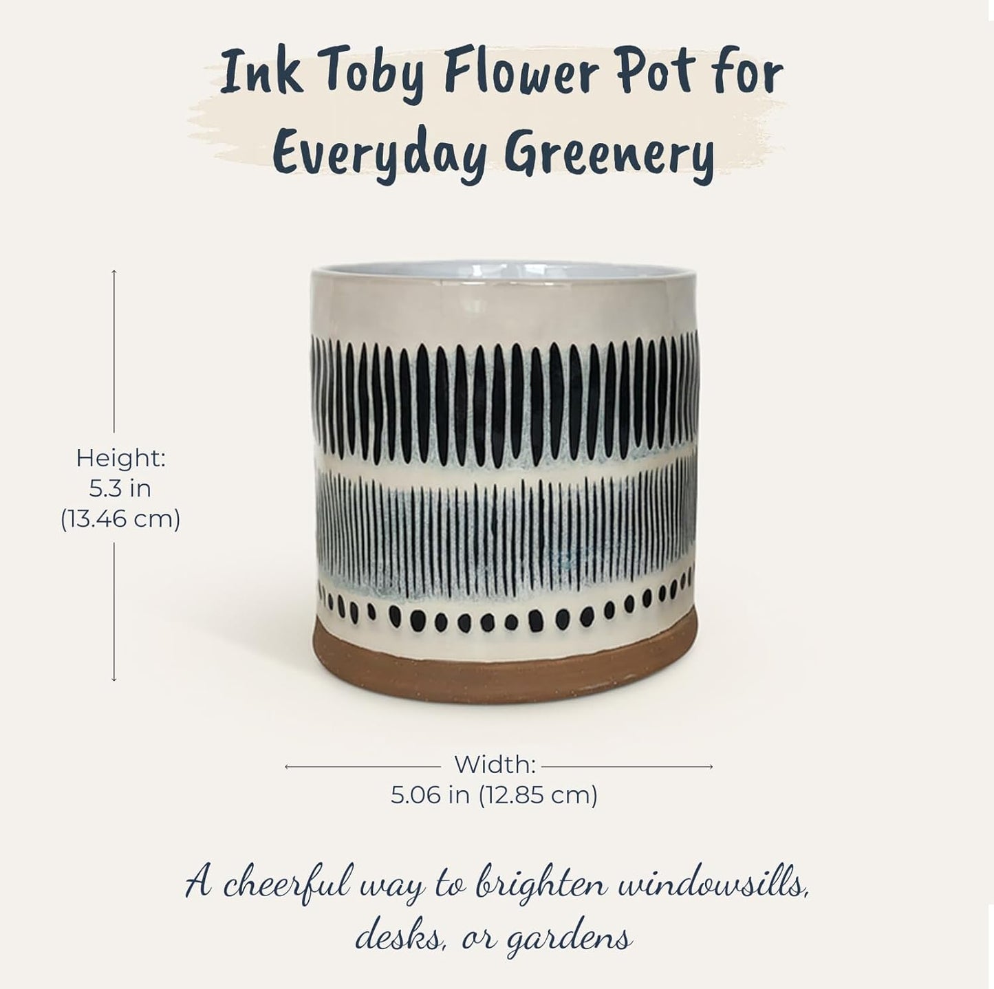 Blue Sky Clayworks Ink Toby 5" Flower Pot, Ceramic, 6" D x 6" W x 6" H, Graphic Dash-and-Dot Pop
