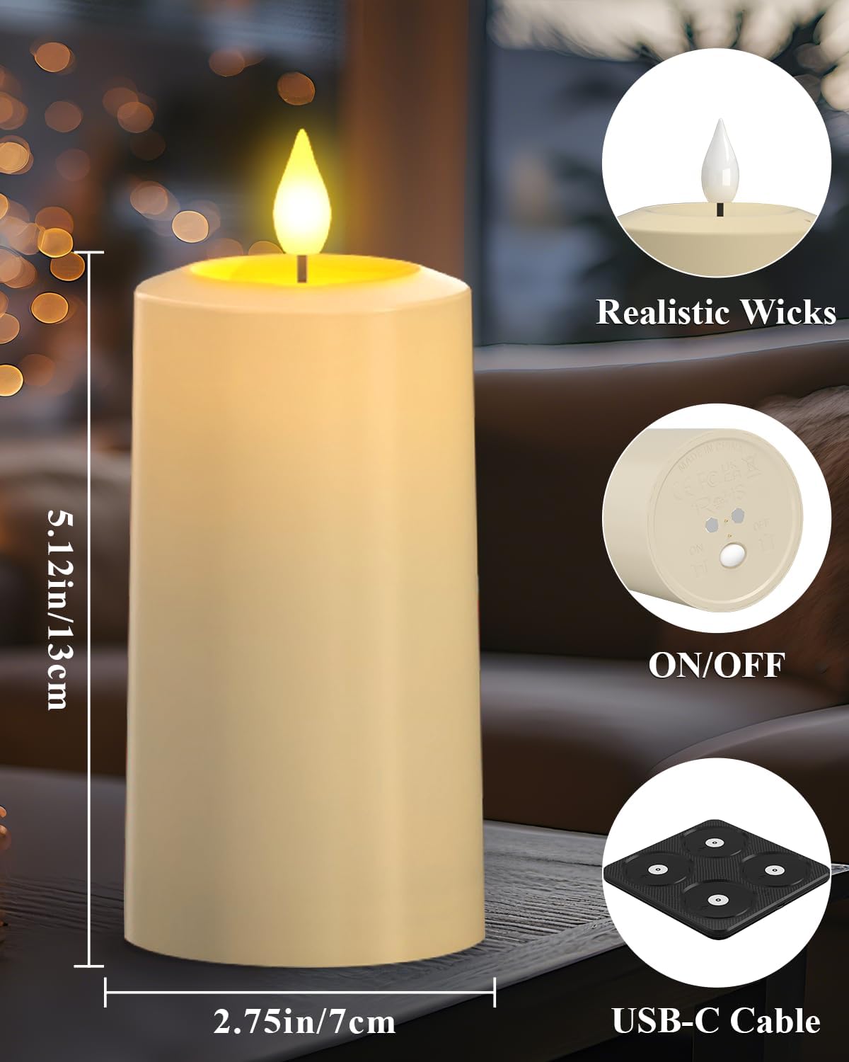 SoulBay Flameless Candles Rechargeable, 4 Pack LED Flickering Waterproof White Pillar Candles with Magnetic Charging Base Remote Timer for Indoor Outdoor Lantern Holiday Christmas Décor, 2.75" x 5.1 "
