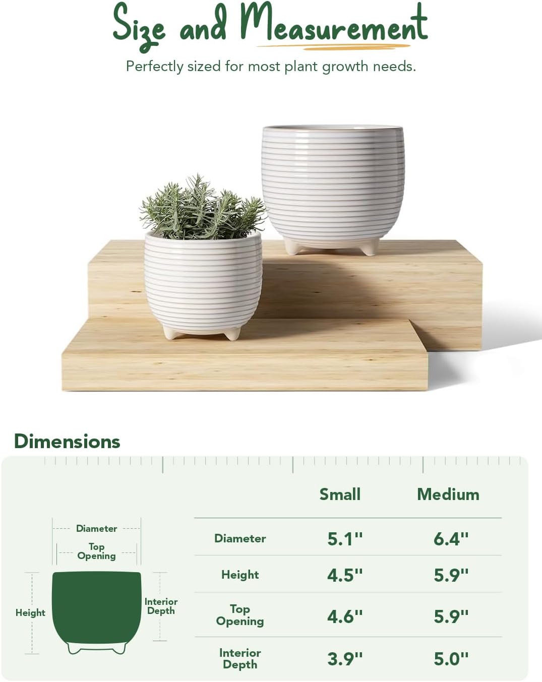 LE TAUCI Ceramic Plant Pots, 5.1 + 6.4 Inch Footed Pots for Plants, Mo
