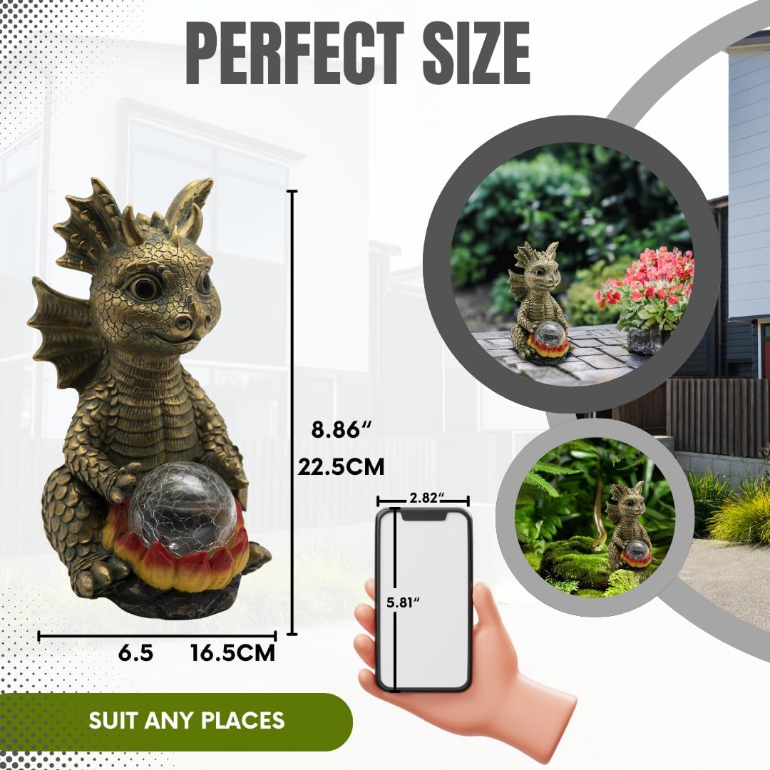 Garden Outdoor Dragon Decor Statues Figurine Solar Lights, Gifts for Mom,Patio Balcony Yard Lawn Color - Charging Ornament Decor,Waterproof Halloween Decorative Lights,Year-Round (Gold)