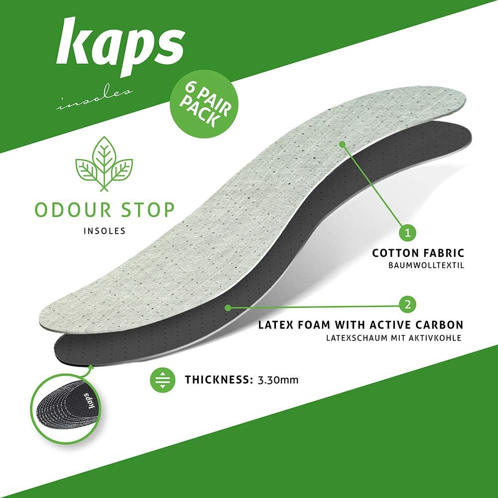 6 Pair Pack Anti Odour Shoe Insoles Set with Odor Eating Charcoal, Shoe Inserts, Kaps Odour Stop