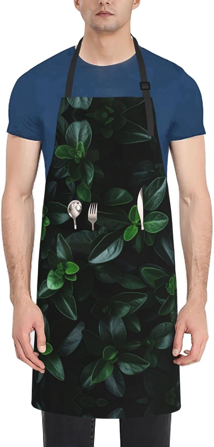 Green Long Leaves print Waterproof apron with pocket adjustable cooking apron for adult kitchen bibs to bake