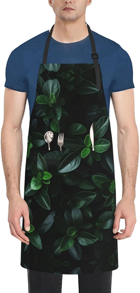 Green Long Leaves print Waterproof apron with pocket adjustable cooking apron for adult kitchen bibs to bake