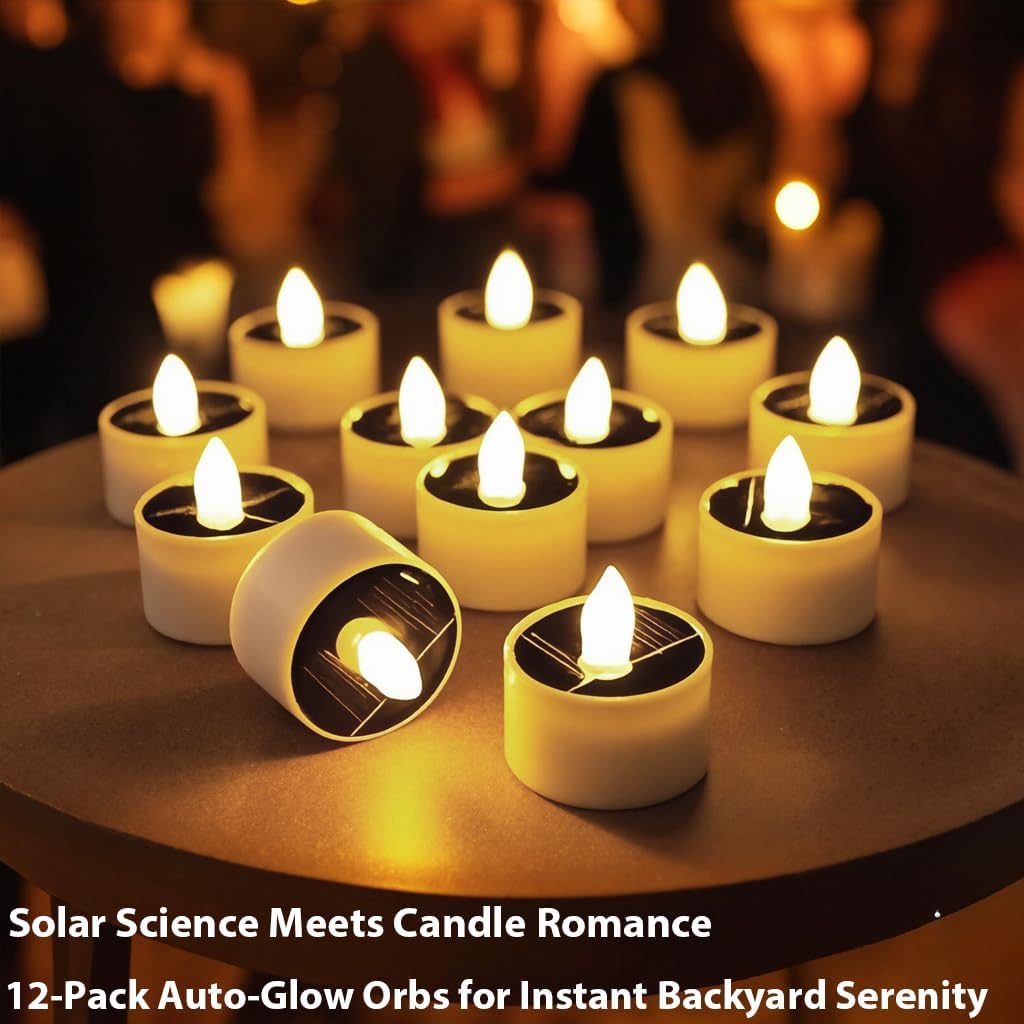12Pack Solar Tea Lights Outdoor Waterproof, Small Solar Lights with Rechargeable Dusk to Dawn Sensor, Flameless Flickering LED Votive Candles for Lantern Window DIY Patio Chandelier Decor(Warm White)