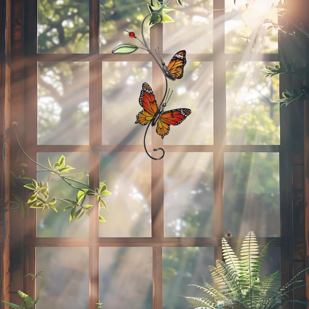 Monarch Butterfly Sun Catcher Indoor Window Handmade Stained Glass Window Hanging Flowers for Decoration Monarch Butterfly Gift for Women Mother Mom Grandma Friends Wall Art for Home Decor