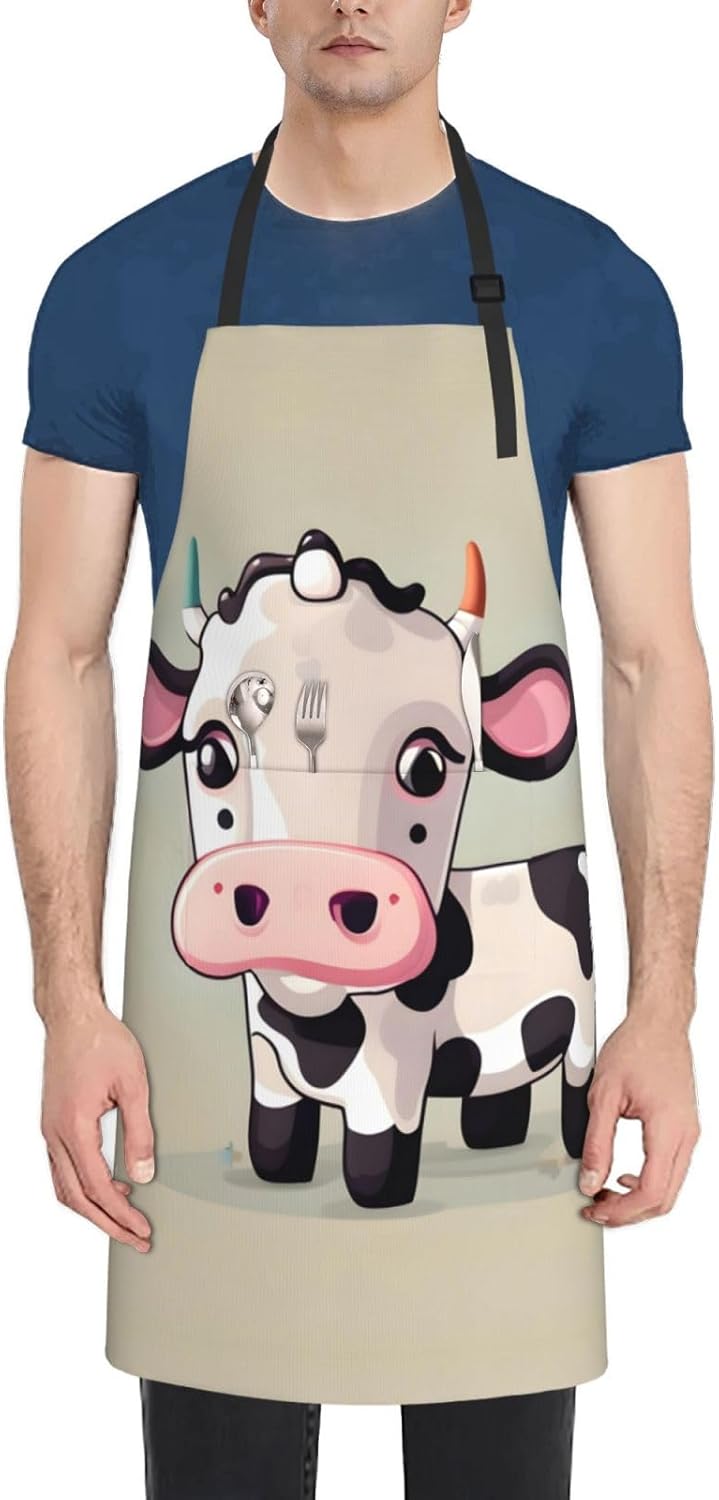 Cute White Cow Print Laundry apron 28x33 In Waterproof Kitchen Apron with Pockets for Cooking Baking