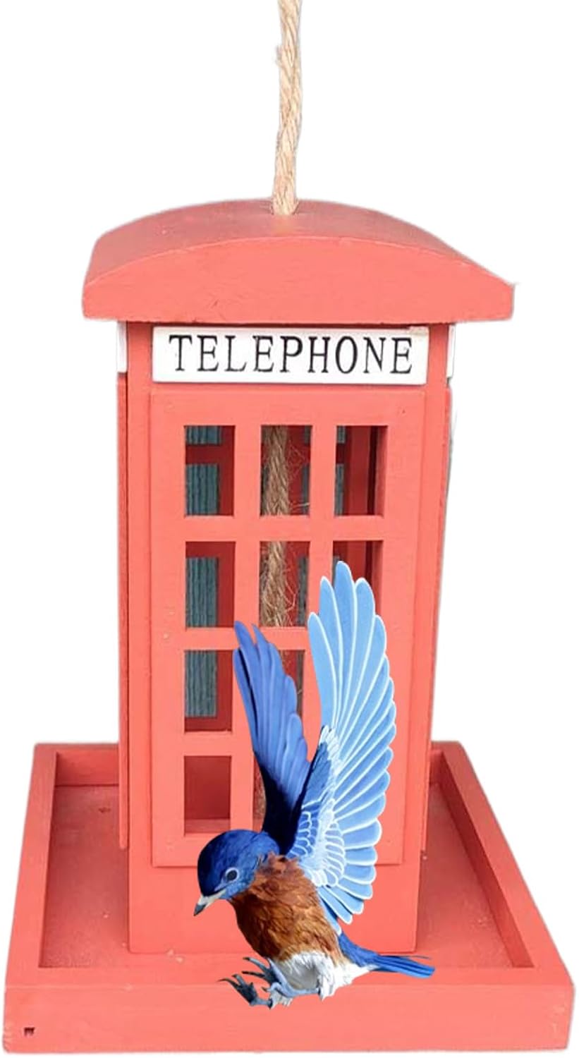 Bird Feeder - Red Telephone Box Shape, Wooden Spill-Resistant Birdfeeder Hangable Red Phone Booth Bird Feeder for Outdoor Garden Backyard Balcony Porch Yard Weatherproof for Wild Birds