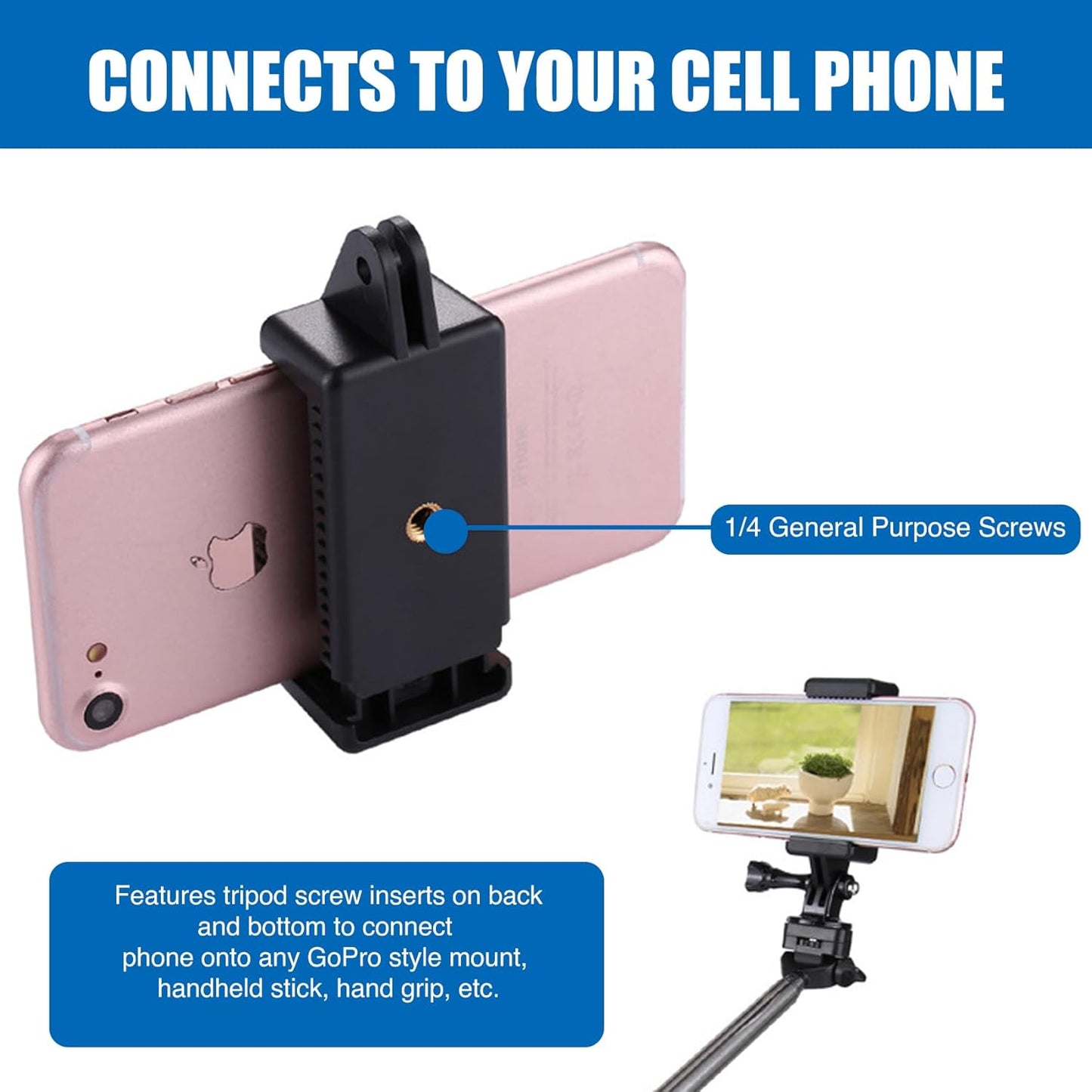 2 Pack Universal Smartphone Holder w/GoPro Style Mount Attachment for Any Phone. Connect Your Phone or GPS to Any GoPro Mount. Compatible with iPhone, Samsung, Google, Tomtom, etc.