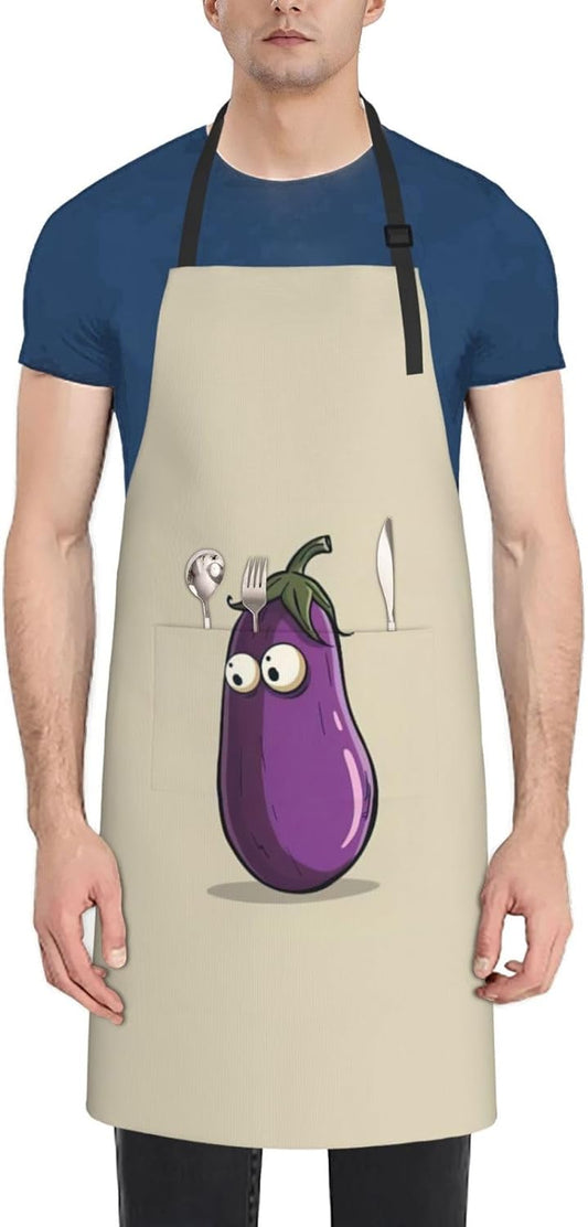 Cartoon Eggplant print Waterproof chef's apron with pocket apron for kitchen cooking baking barbecue and gardening