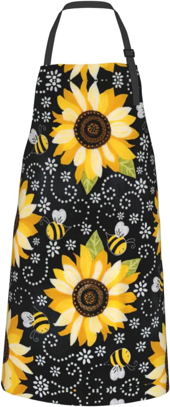 Sunflower bee print Waterproof apron with pocket adjustable cooking ap